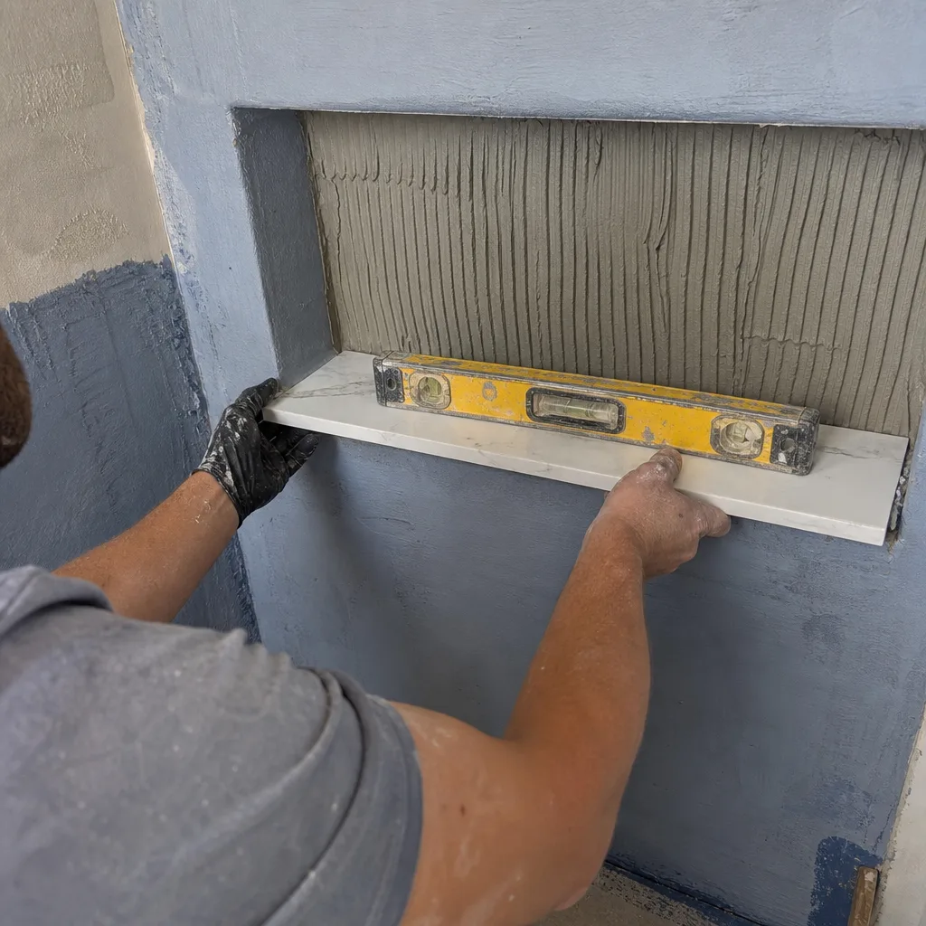 professional installing a marble shower niche shelf with a level