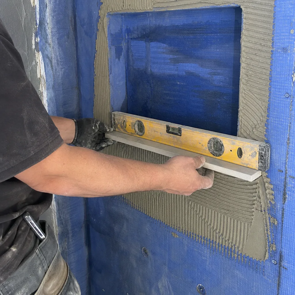 Contractor using a level to install a tile niche during remodeling