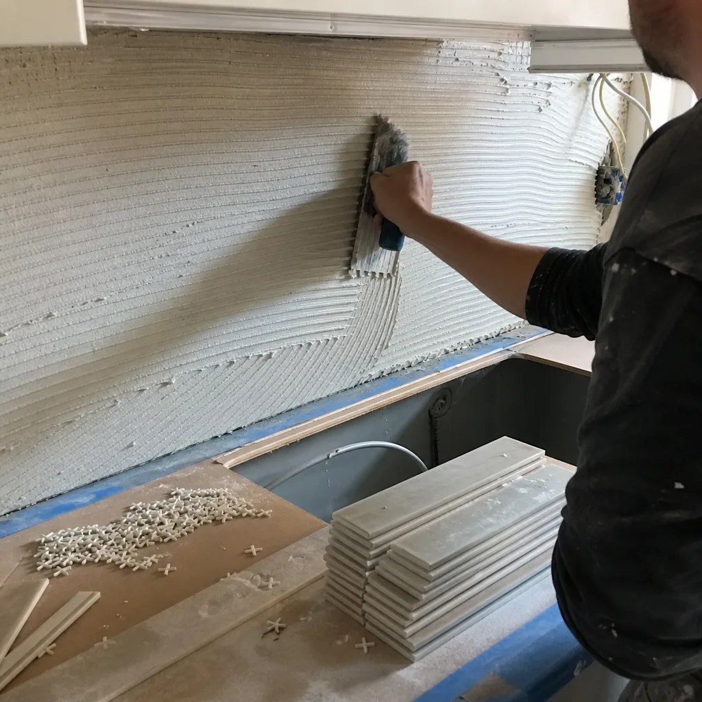 Professional contractor applying thin-set mortar for kitchen tile backsplash installation