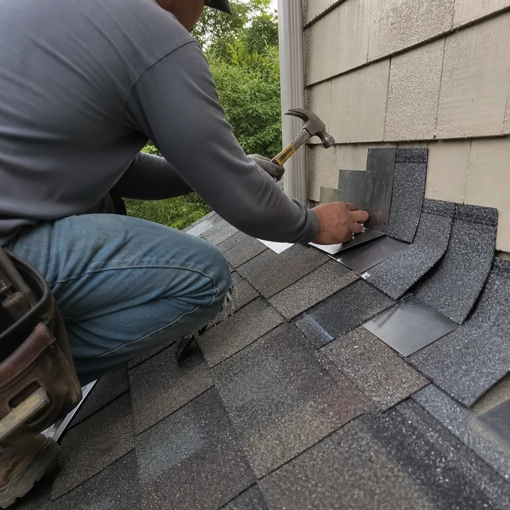 Professional roofer installing metal step flashing on a residential shingle roof