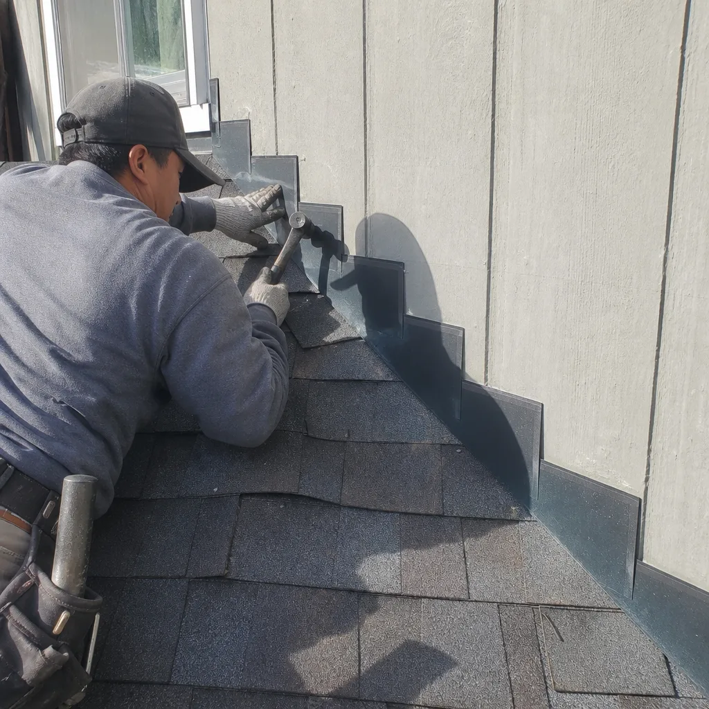 Professional roofer installing metal step flashing on a residential roof