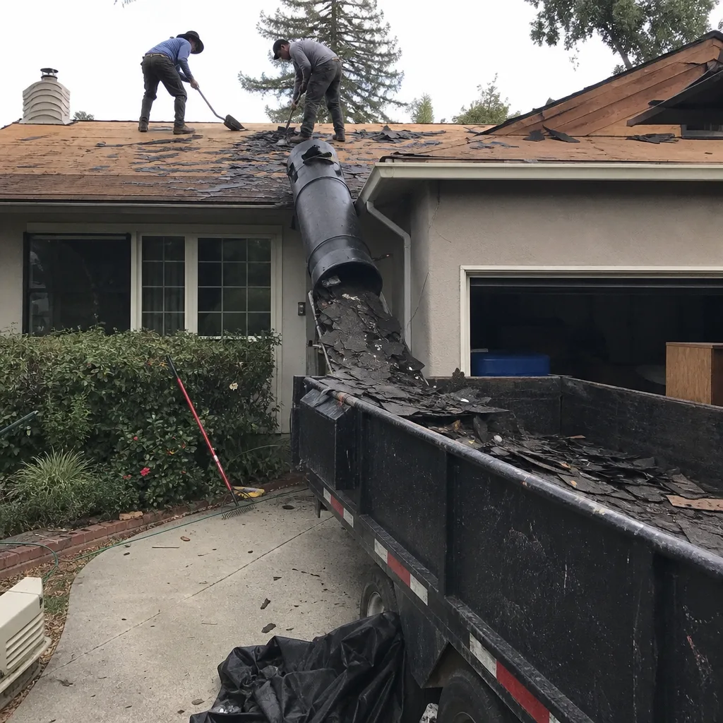 Roofers stripping shingles from a house into a waste container