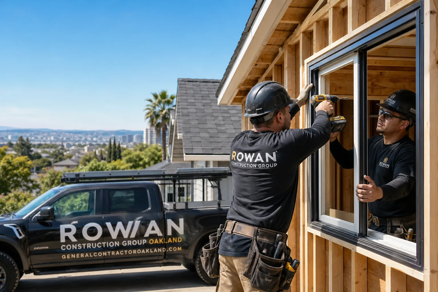 Rowan Construction Group Oakland construction service vehicle and crew in Oakland, CA